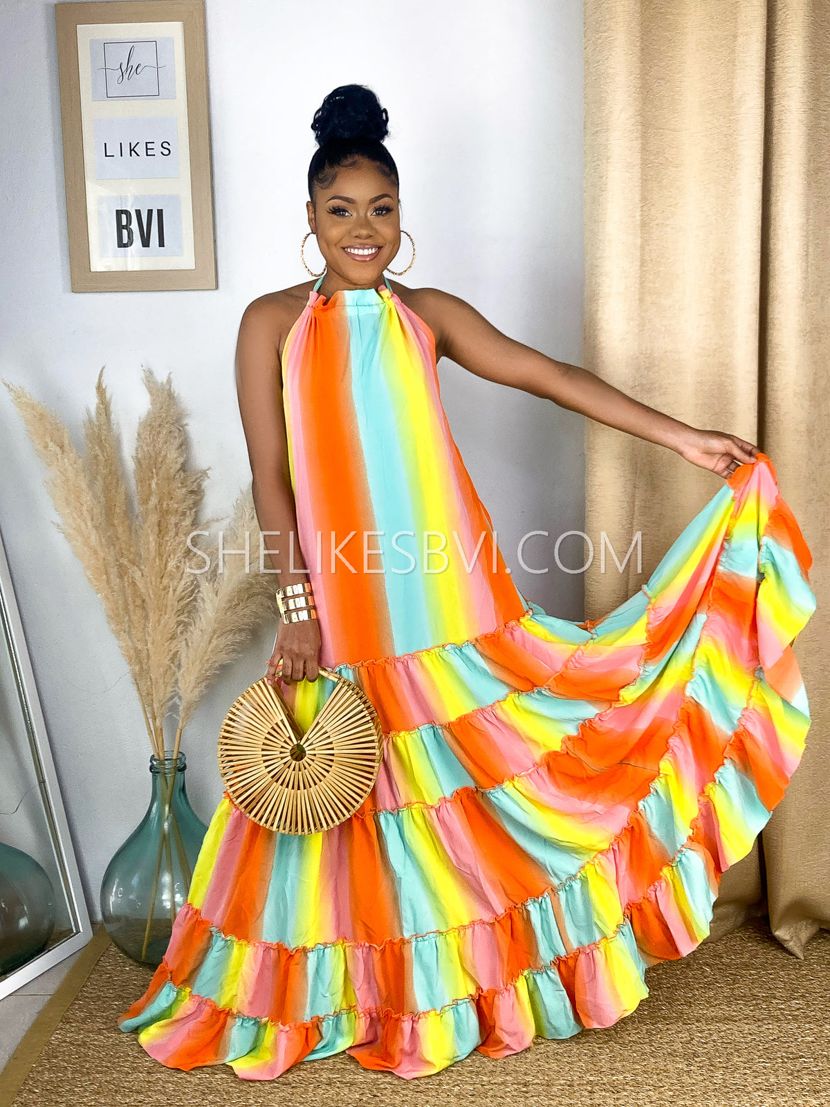Liming Caribbean Rainbow Orange Multicolor Open Back Maxi Dress SheLikesBVI.com Liming Caribbean Rainbow Orange Multicolor Open Back Maxi Dress SheLikesBVI.com