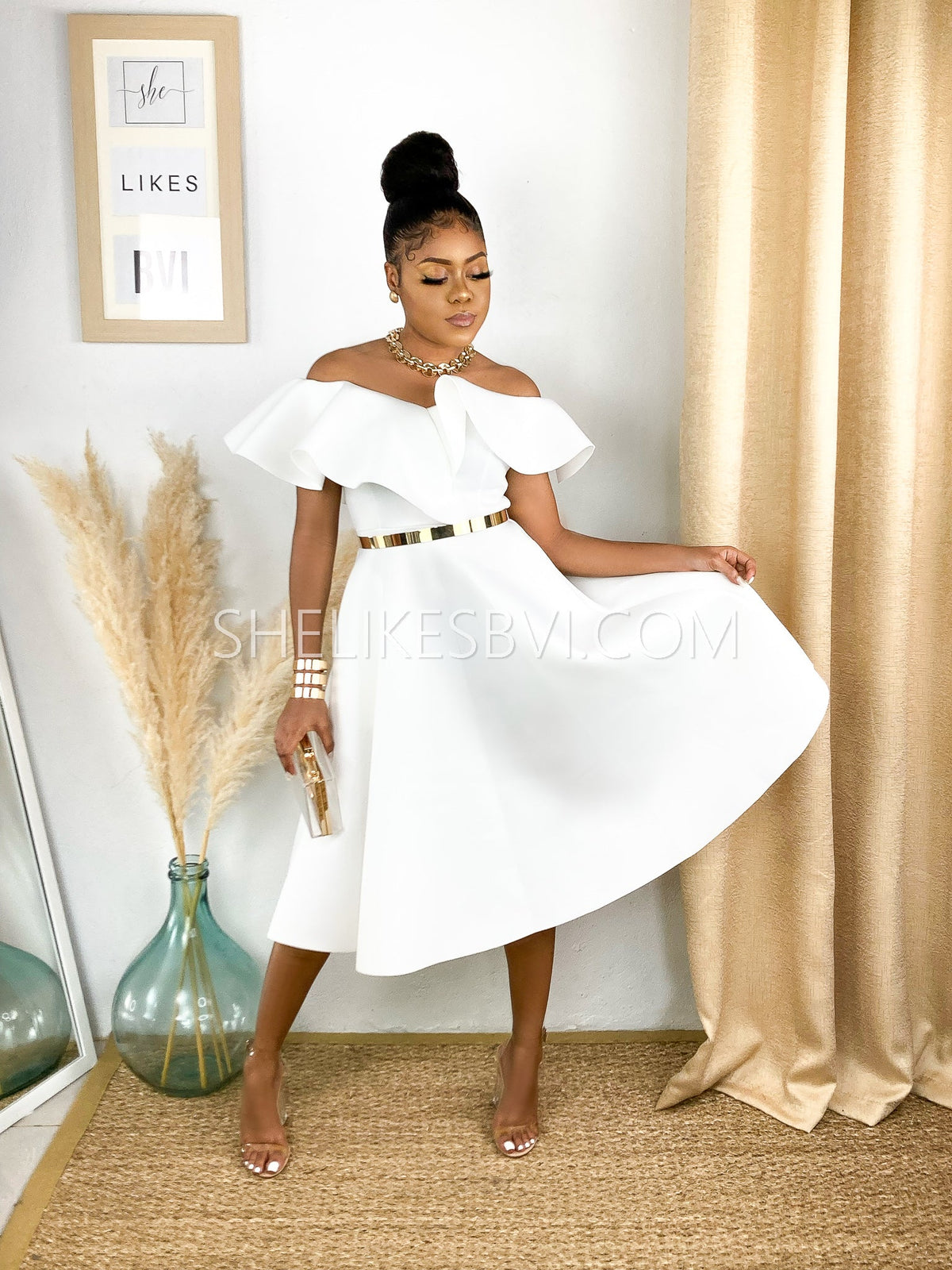 Elevation Off Shoulder White Midi Dress