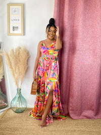 Paradise Pink Multicolor Tropical Print Maxi Dress