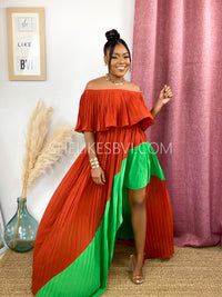 Greatness Rust Off Shoulder Pleated Maxi Dress