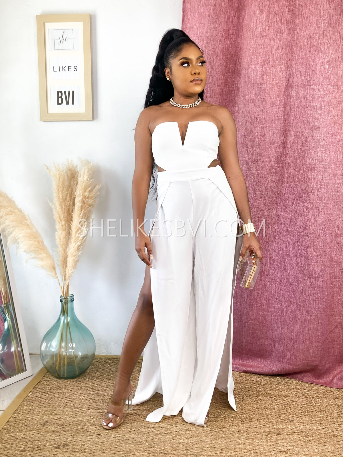 White High Splits Strapless Cut Out Jumpsuit