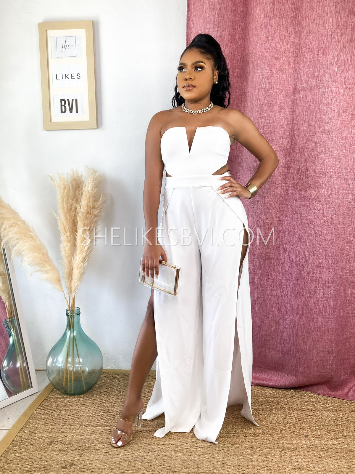 White High Splits Strapless Cut Out Jumpsuit